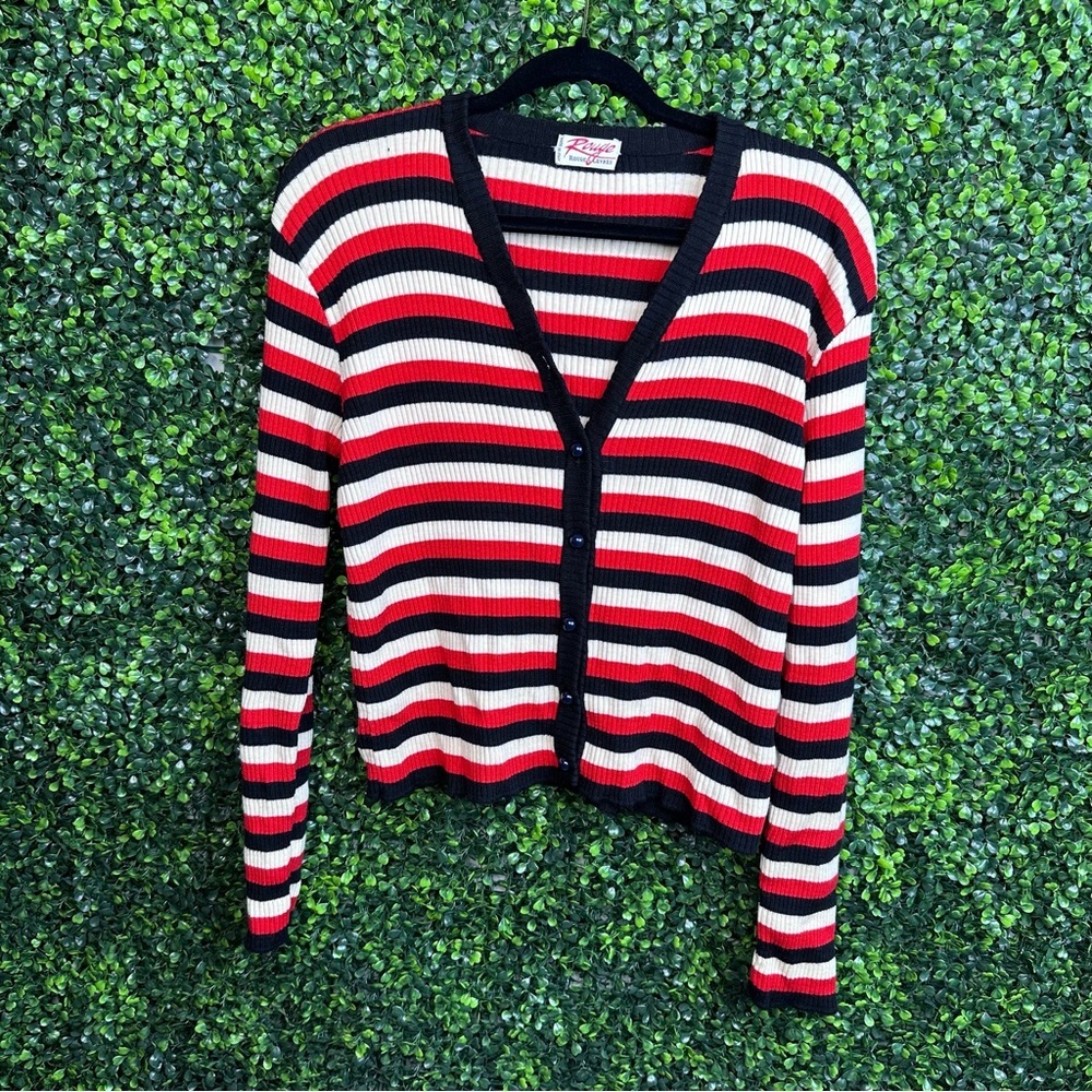 Rouge wool striped long sleeve cardigan sweater